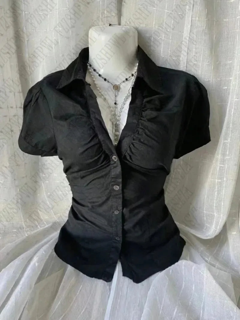 New Gothic Black Blouse Y2K Style Short Sleeve Slim Fit Button Up Shirt Harajuku Punk Grunge Aesthetic E-Girl Streetwear Tops