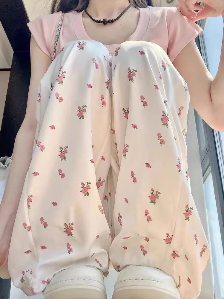 Women Long Pants Spring summer  Women Long Wide leg pants 2025 white flower Casual Female Long  Trousers trend Fashion style