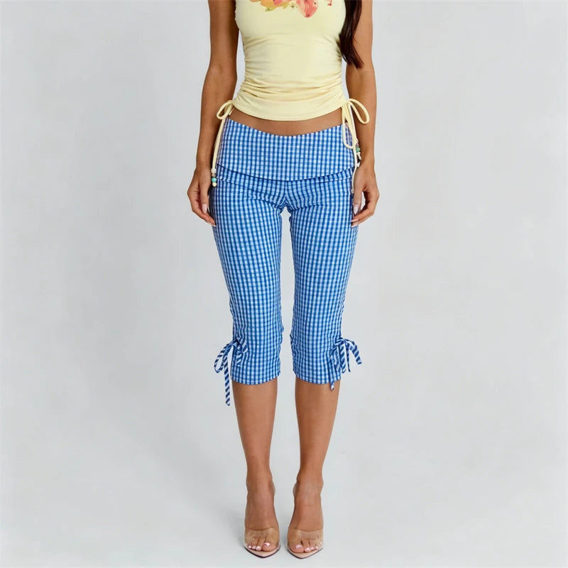 Women Flared Leggings Capri Pants Casual Fashion Plaid Print Cute Bow Crop Bell Bottoms Trendy Bootcut Trousers