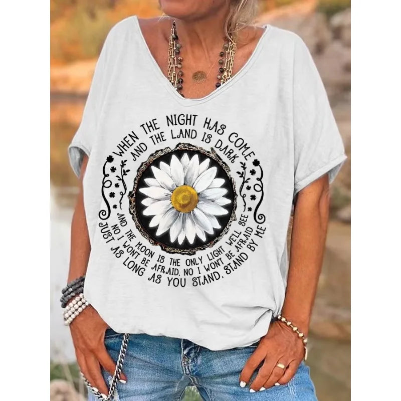 ilstile Women's Hippie Flower Print T-Shirts  Summer Beach Short Sleeve Casual Loose V Neck Tops Black Grey Tees New Arrival