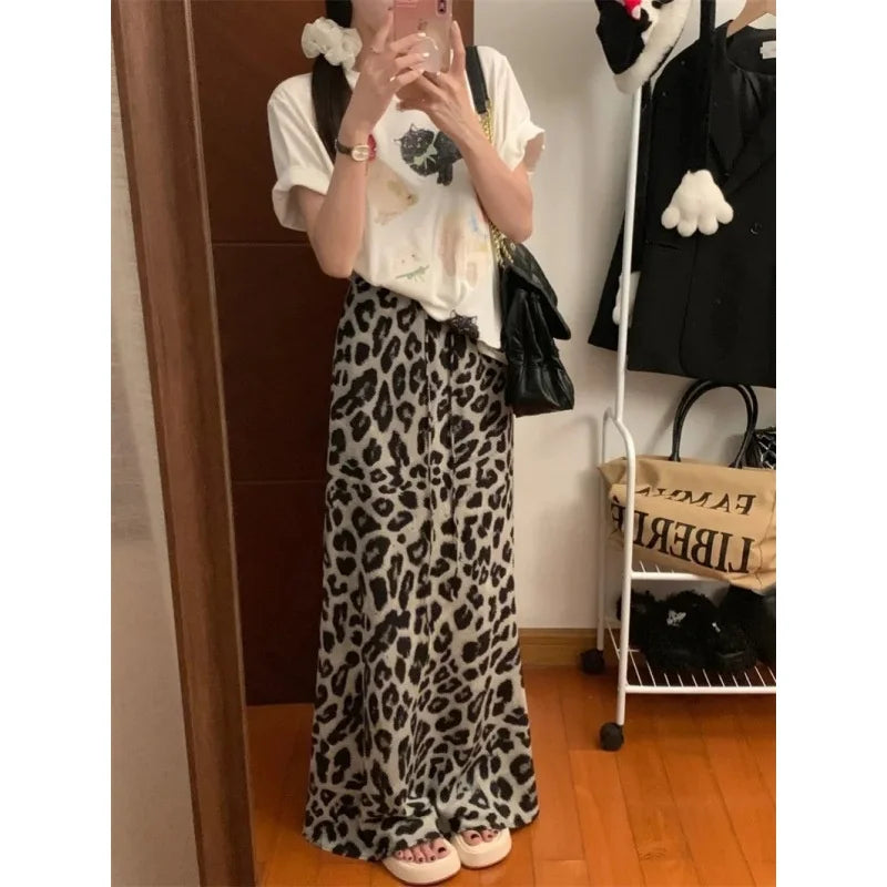 Fashion Leopard Print Long Skirt Women Casual Vintage High Waist Floor Length Skirt Summer Y2K Streetwear Satin Midi Skirts