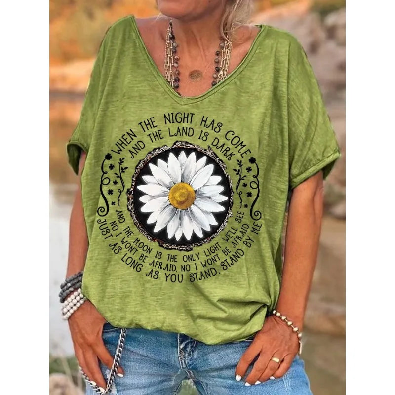 ilstile Women's Hippie Flower Print T-Shirts  Summer Beach Short Sleeve Casual Loose V Neck Tops Black Grey Tees New Arrival