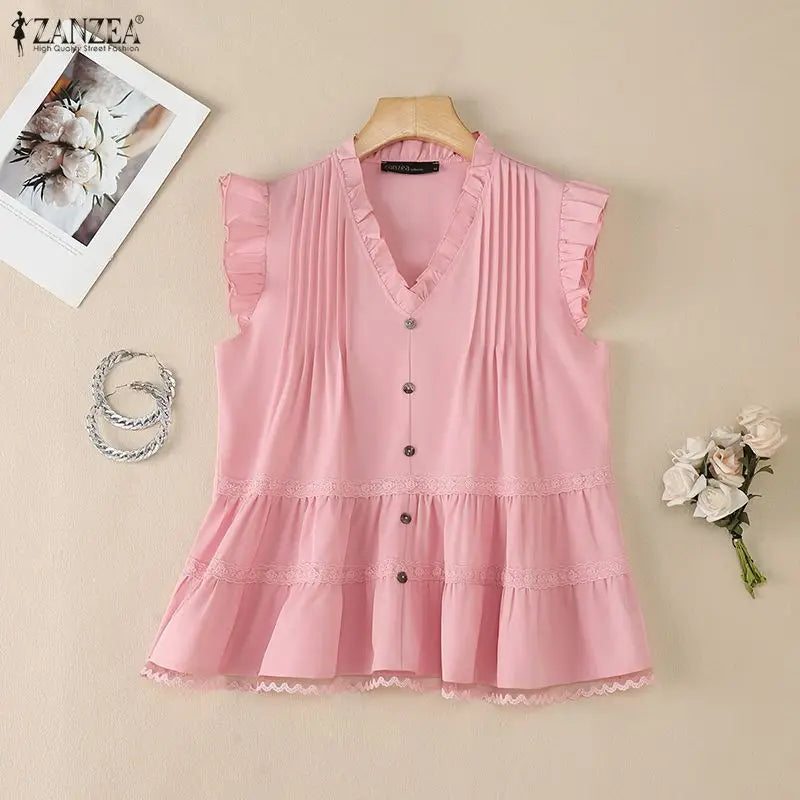 Fashion Sleeveless Summer Tops ZANZEA Women Blouses Lace Patchwork V Neck Tee Party Blusas Streetwear Oversize Solid Color Tunic