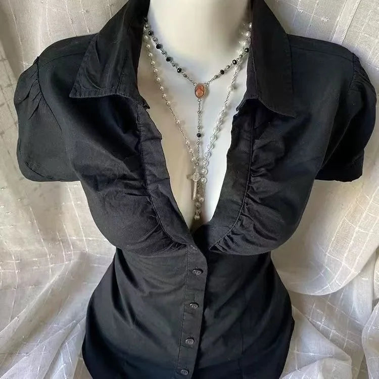 New Gothic Black Blouse Y2K Style Short Sleeve Slim Fit Button Up Shirt Harajuku Punk Grunge Aesthetic E-Girl Streetwear Tops