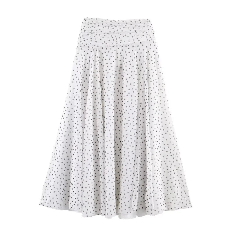 Summer Polka Dot A-Line Long Skirt Women High Waist Pleated MID...