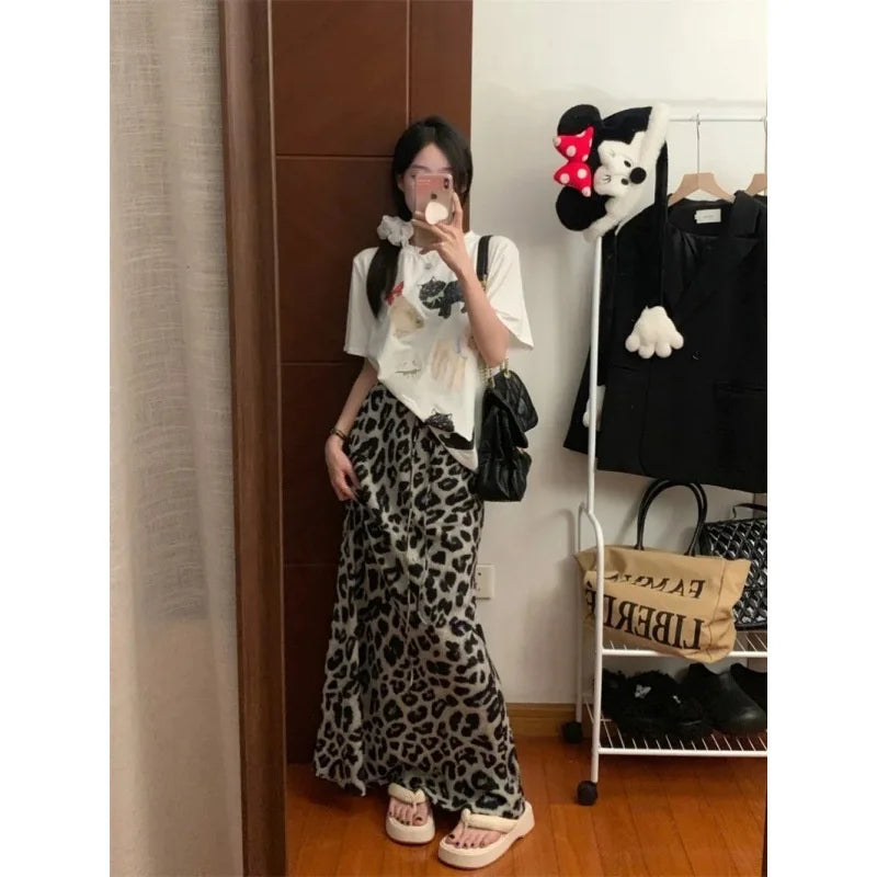 Fashion Leopard Print Long Skirt Women Casual Vintage High Waist Floor Length Skirt Summer Y2K Streetwear Satin Midi Skirts