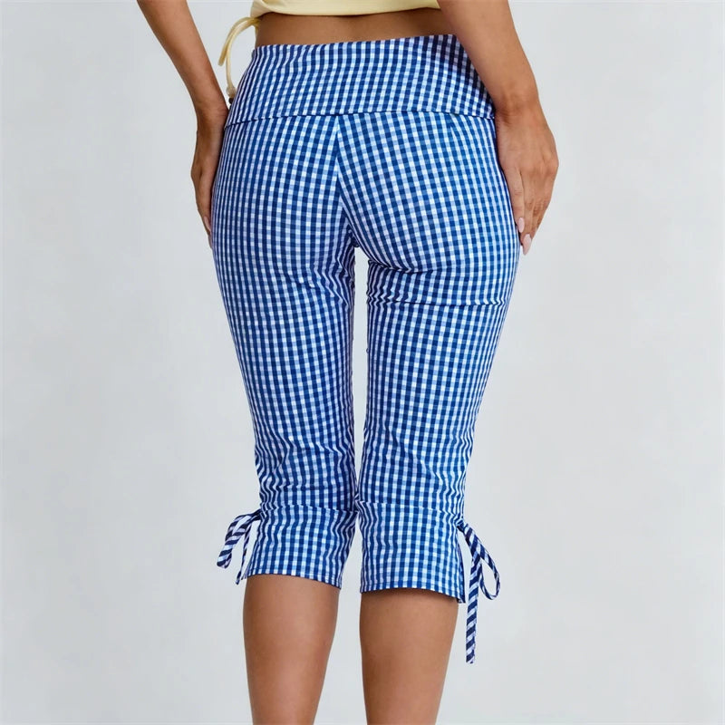 Women Flared Leggings Capri Pants Casual Fashion Plaid Print Cute Bow Crop Bell Bottoms Trendy Bootcut Trousers