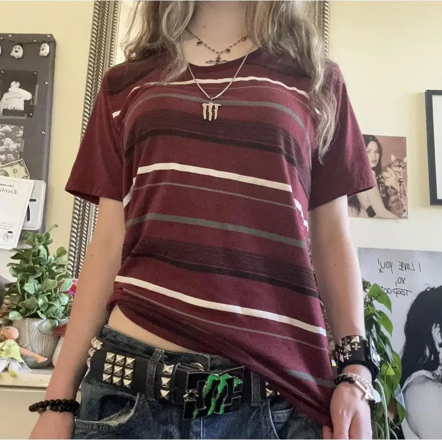 Womens Y2k Grunge Shirts Striped Baggy Crew Neck Short Sleeves Emo Tops 2000s Harajuku Vintage Teen Girls Goth Clothes