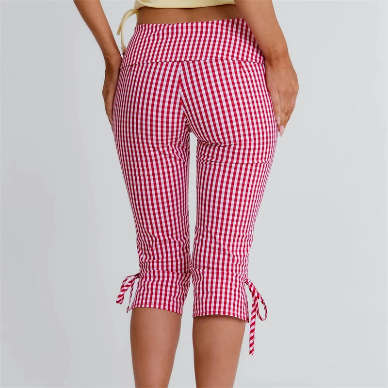 Women Flared Leggings Capri Pants Casual Fashion Plaid Print Cute Bow Crop Bell Bottoms Trendy Bootcut Trousers