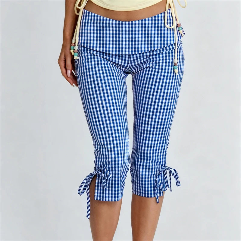 Women Flared Leggings Capri Pants Casual Fashion Plaid Print Cute Bow Crop Bell Bottoms Trendy Bootcut Trousers