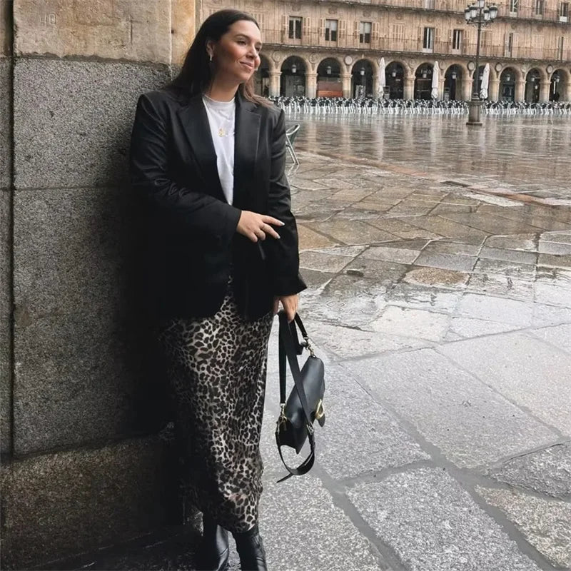 MUJER Leopard Print Satin Skirt Woman Bow Vintage Midi Skirt 2025 Summer Elegant Long Skirts For Women Fashion Women's Skirts