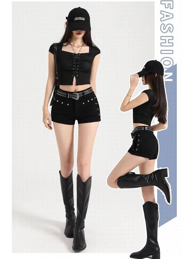 Summer Black Sexy Low Waist Y2K Jean Shorts Women Holiday Punk Gothic Denim Pants Korean Daily Fashion Skinny Strech Shorts+Belt
