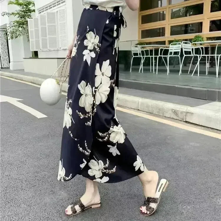 TOKITIND Wrap Skirts Women Casual Chiffon Tie-Waist Ruffle Wide Leg Loose