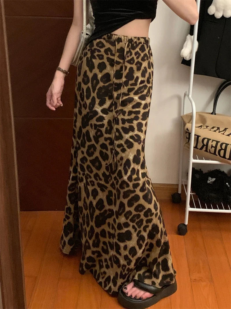 Fashion Leopard Print Long Skirt Women Casual Vintage High Waist Floor Length Skirt Summer Y2K Streetwear Satin Midi Skirts