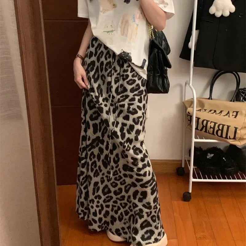 Fashion Leopard Print Long Skirt Women Casual Vintage High Waist Floor Length Skirt Summer Y2K Streetwear Satin Midi Skirts