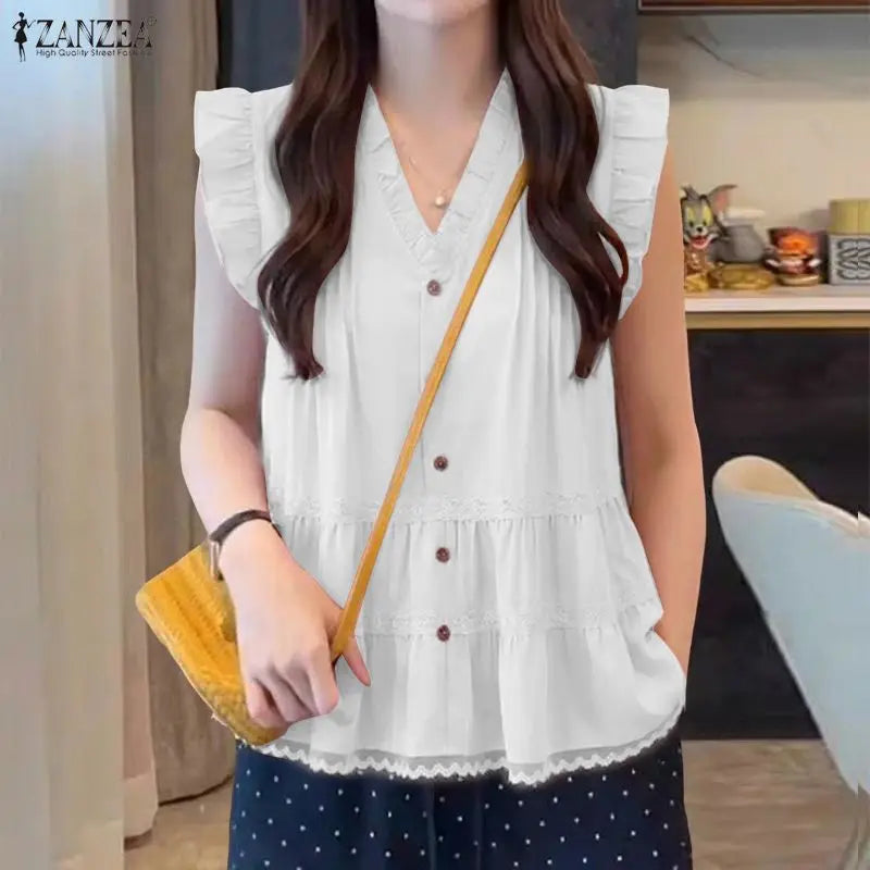 Fashion Sleeveless Summer Tops ZANZEA Women Blouses Lace Patchwork V Neck Tee Party Blusas Streetwear Oversize Solid Color Tunic