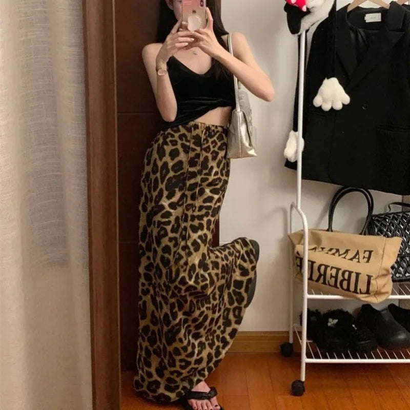 Fashion Leopard Print Long Skirt Women Casual Vintage High Waist Floor Length Skirt Summer Y2K Streetwear Satin Midi Skirts