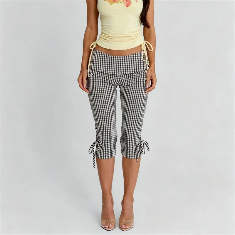 Women Flared Leggings Capri Pants Casual Fashion Plaid Print Cute Bow Crop Bell Bottoms Trendy Bootcut Trousers
