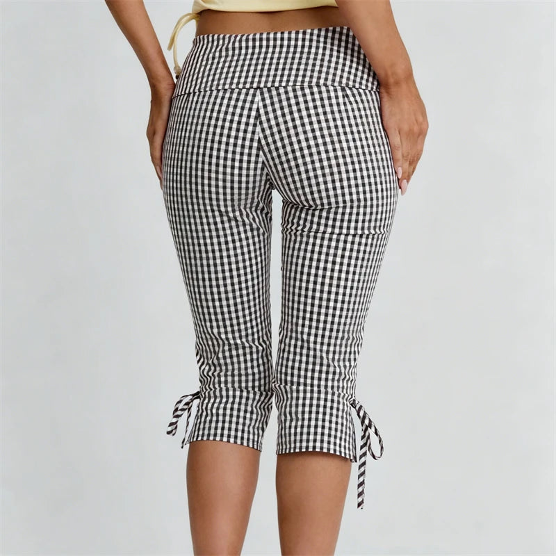 Women Flared Leggings Capri Pants Casual Fashion Plaid Print Cute Bow Crop Bell Bottoms Trendy Bootcut Trousers