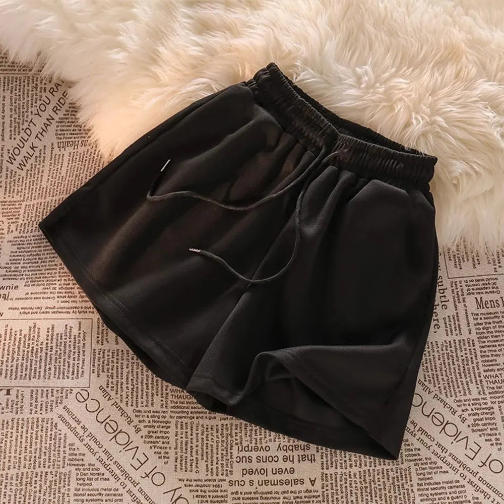 Womens Casual Shorts Korean Style Basic Summer Loose High Waist Drawstring Lounge Shorts Wide Leg Sports Shorts Home Sleepwear