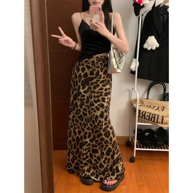 Fashion Leopard Print Long Skirt Women Casual Vintage High Waist Floor Length Skirt Summer Y2K Streetwear Satin Midi Skirts