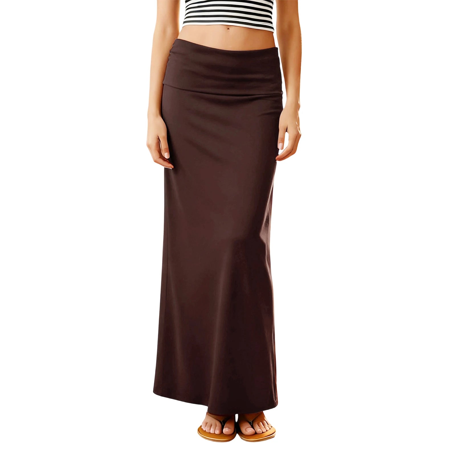 Women Long Straight Skirt Simple Solid Color Foldover Low Rise Casual Bodycon Skirt for Daily Office Party Y2K Streetwear