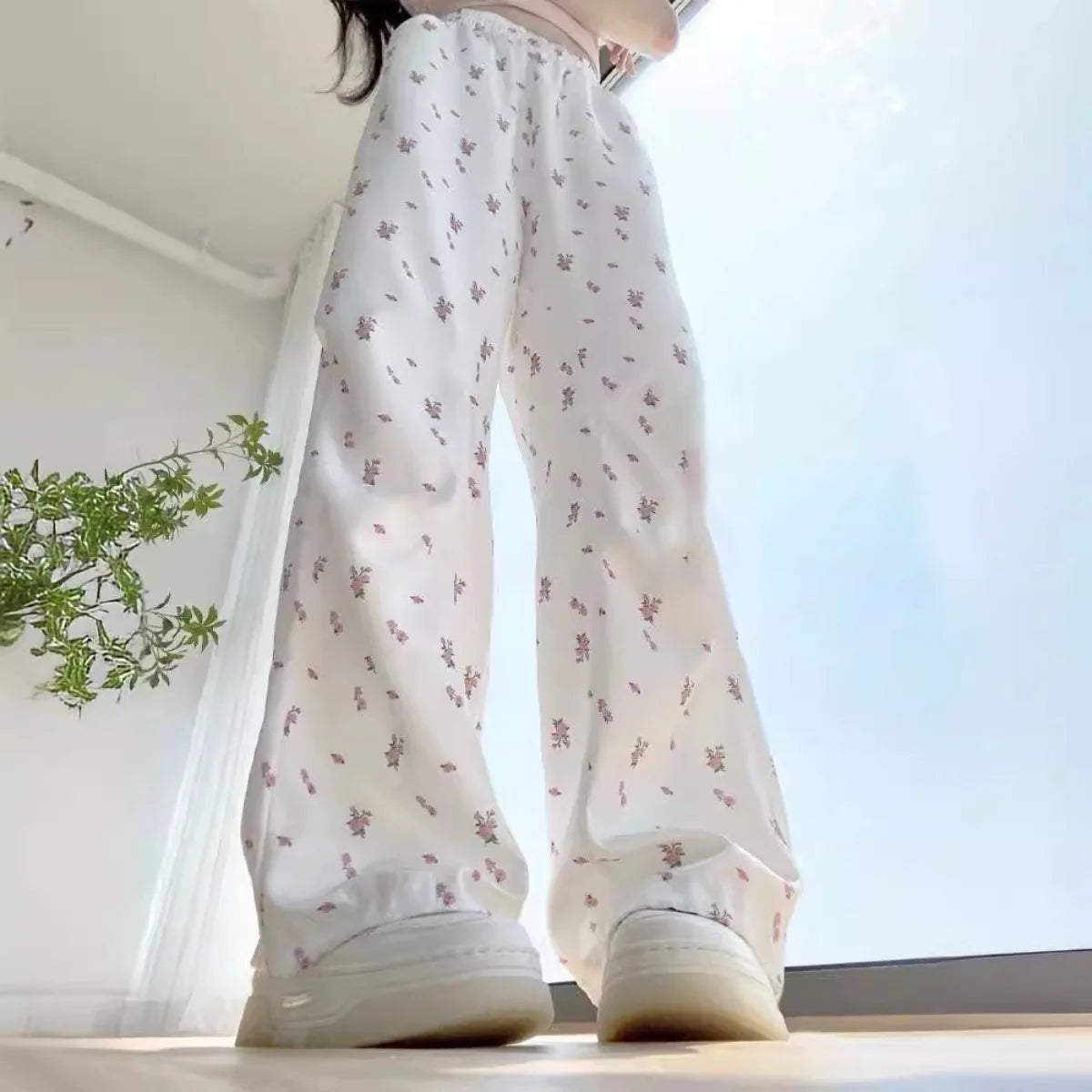 Women Long Pants Spring summer  Women Long Wide leg pants 2025 white flower Casual Female Long  Trousers trend Fashion style
