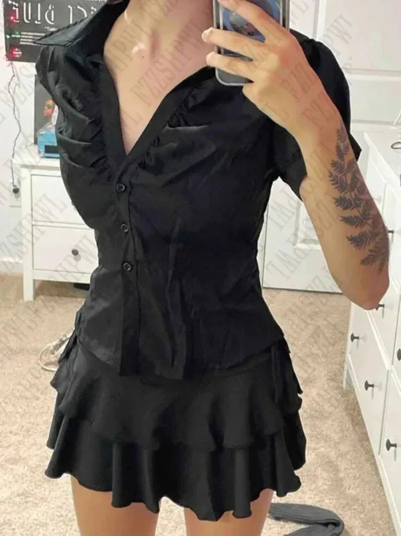 New Gothic Black Blouse Y2K Style Short Sleeve Slim Fit Button Up Shirt Harajuku Punk Grunge Aesthetic E-Girl Streetwear Tops