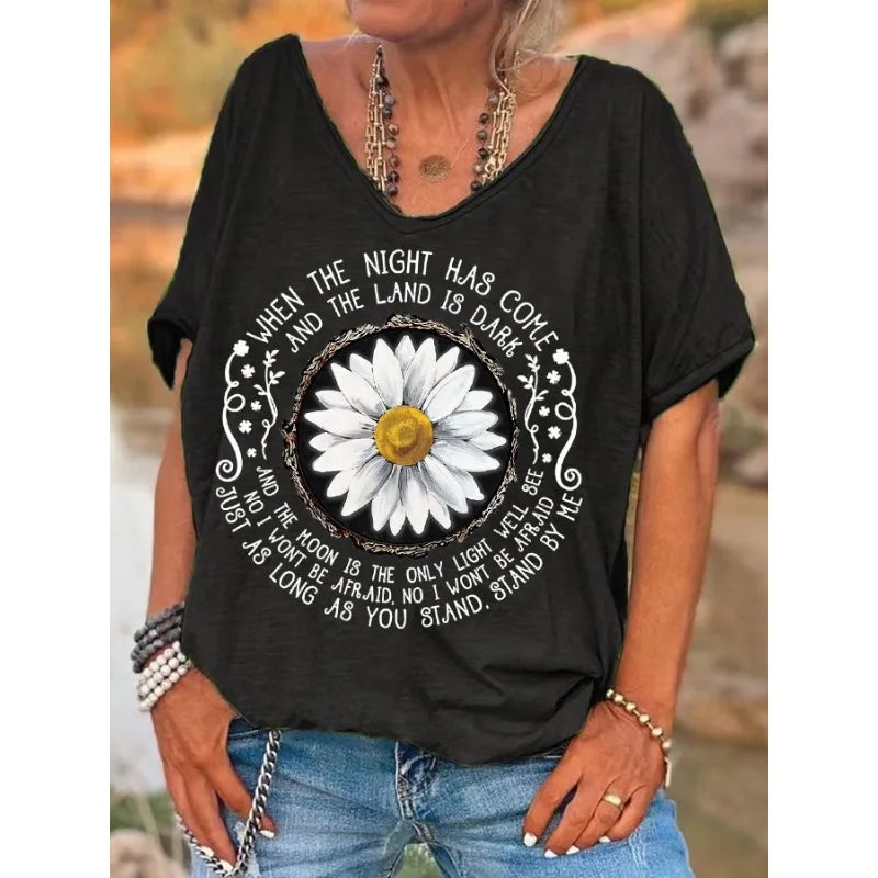 ilstile Women's Hippie Flower Print T-Shirts  Summer Beach Short Sleeve Casual Loose V Neck Tops Black Grey Tees New Arrival