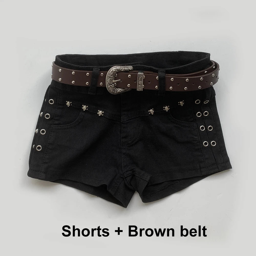 Summer Black Sexy Low Waist Y2K Jean Shorts Women Holiday Punk Gothic Denim Pants Korean Daily Fashion Skinny Strech Shorts+Belt