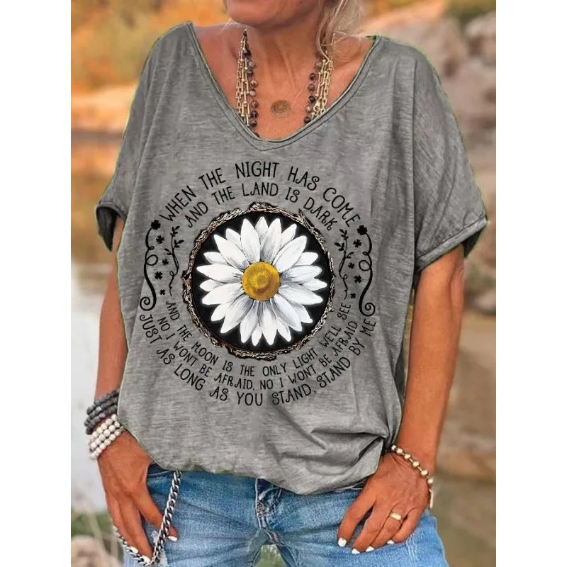 ilstile Women's Hippie Flower Print T-Shirts  Summer Beach Short Sleeve Casual Loose V Neck Tops Black Grey Tees New Arrival