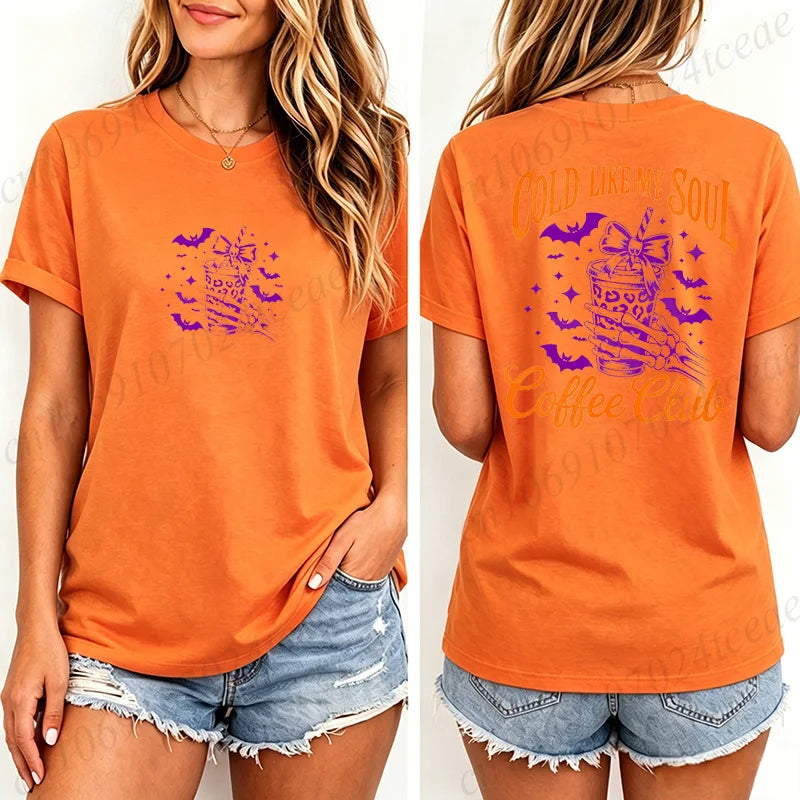 Women's T-Shirts Cold Like My Soul Coffee Club Print T-Shirts Trendy Halloween Spooky Coffee Aesthetic Tshirts Clothes Gifts