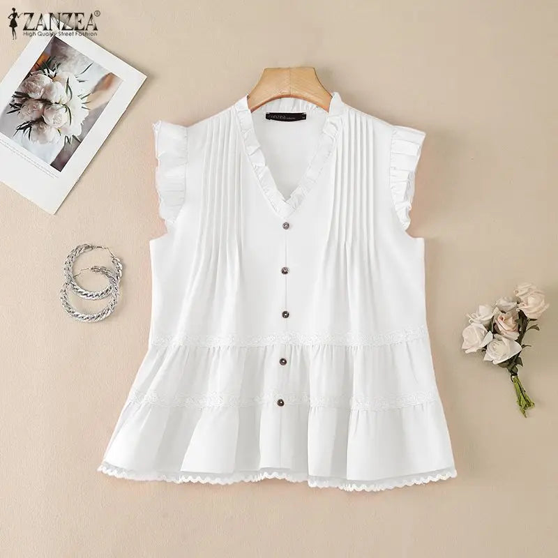 Fashion Sleeveless Summer Tops ZANZEA Women Blouses Lace Patchwork V Neck Tee Party Blusas Streetwear Oversize Solid Color Tunic