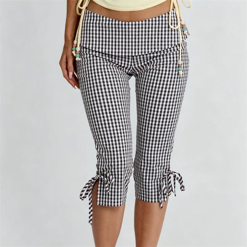 Women Flared Leggings Capri Pants Casual Fashion Plaid Print Cute Bow Crop Bell Bottoms Trendy Bootcut Trousers