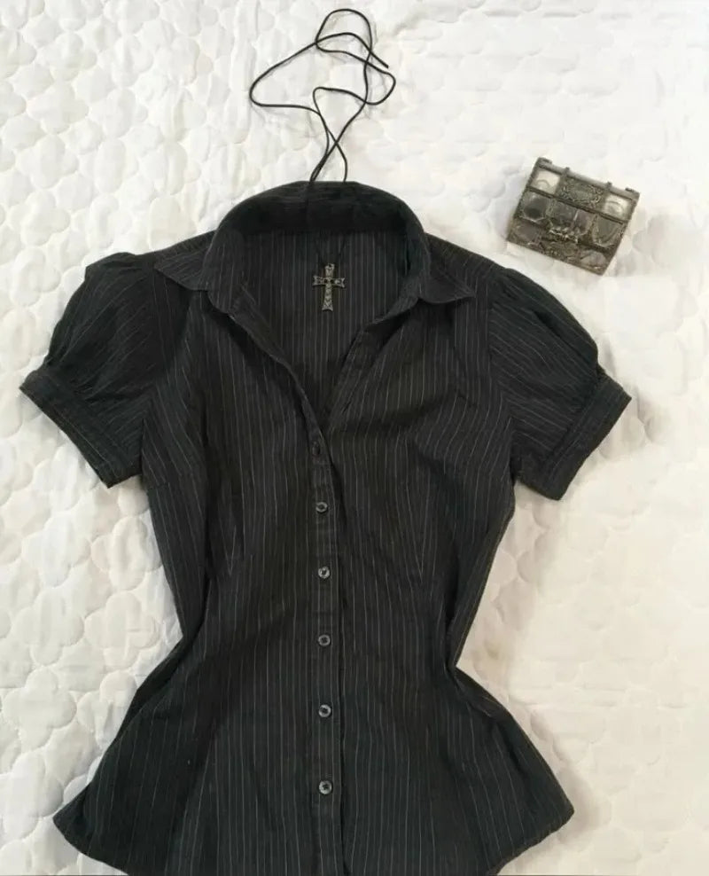 New Gothic Black Blouse Y2K Style Short Sleeve Slim Fit Button Up Shirt Harajuku Punk Grunge Aesthetic E-Girl Streetwear Tops