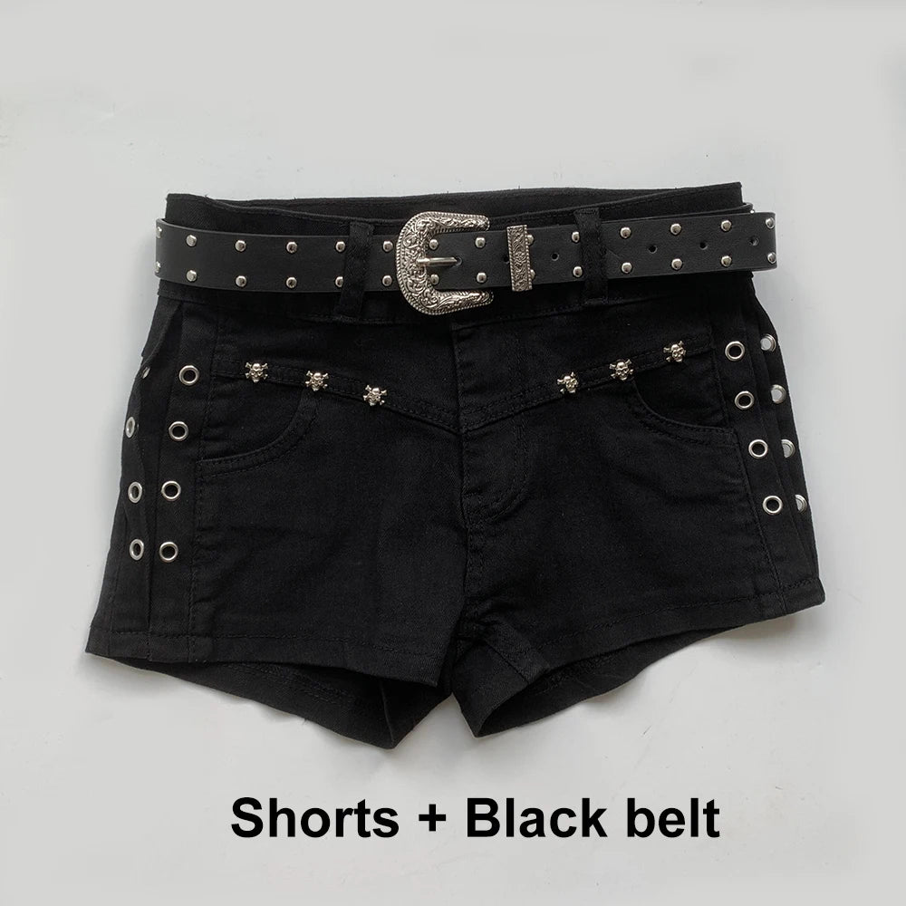 Summer Black Sexy Low Waist Y2K Jean Shorts Women Holiday Punk Gothic Denim Pants Korean Daily Fashion Skinny Strech Shorts+Belt