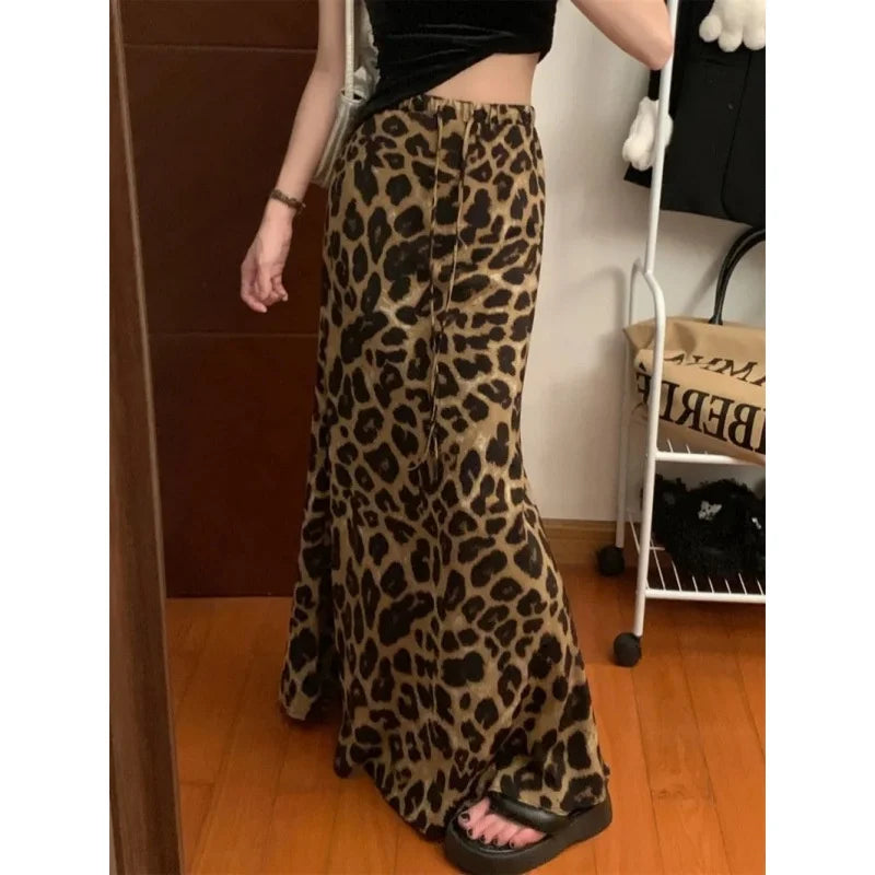 Fashion Leopard Print Long Skirt Women Casual Vintage High Waist Floor Length Skirt Summer Y2K Streetwear Satin Midi Skirts