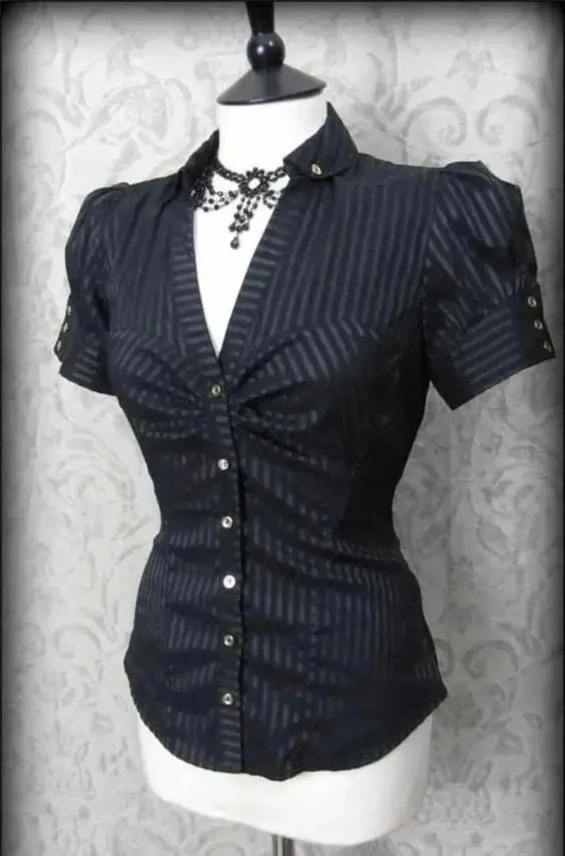 New Gothic Black Blouse Y2K Style Short Sleeve Slim Fit Button Up Shirt Harajuku Punk Grunge Aesthetic E-Girl Streetwear Tops