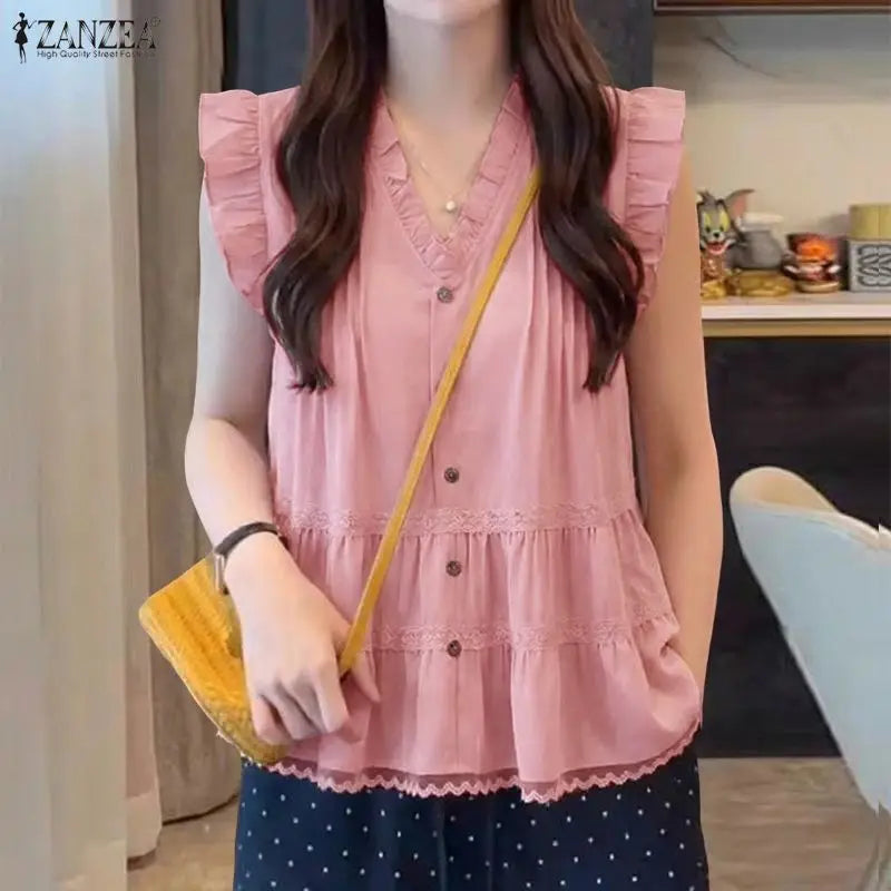 Fashion Sleeveless Summer Tops ZANZEA Women Blouses Lace Patchwork V Neck Tee Party Blusas Streetwear Oversize Solid Color Tunic