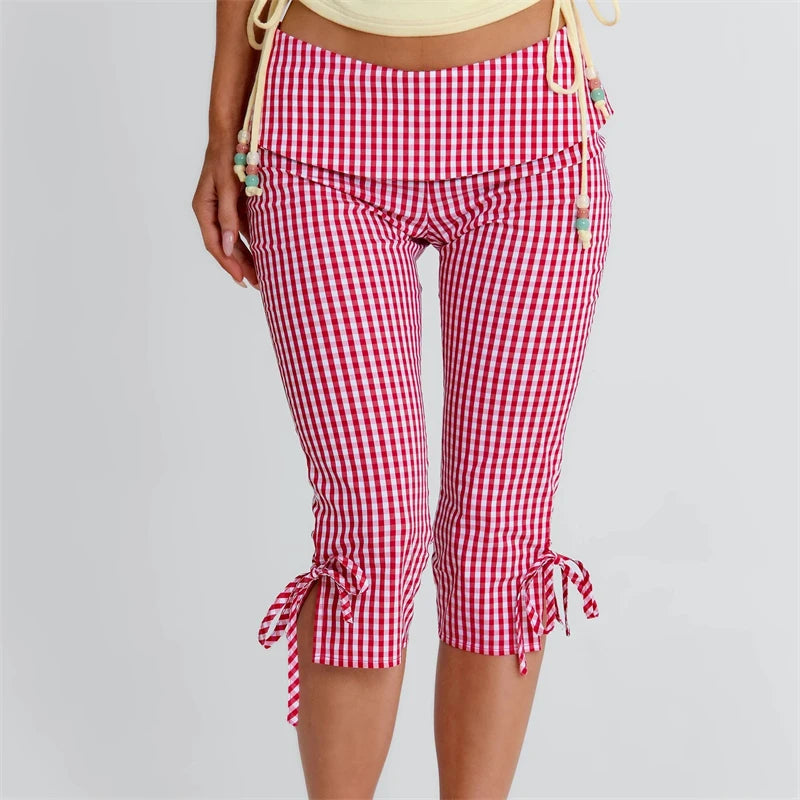 Women Flared Leggings Capri Pants Casual Fashion Plaid Print Cute Bow Crop Bell Bottoms Trendy Bootcut Trousers