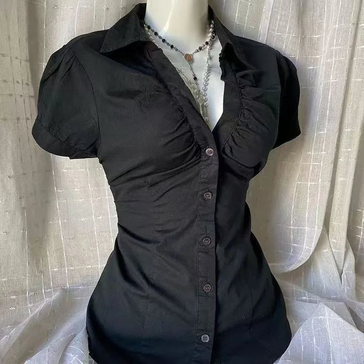 New Gothic Black Blouse Y2K Style Short Sleeve Slim Fit Button Up Shirt Harajuku Punk Grunge Aesthetic E-Girl Streetwear Tops