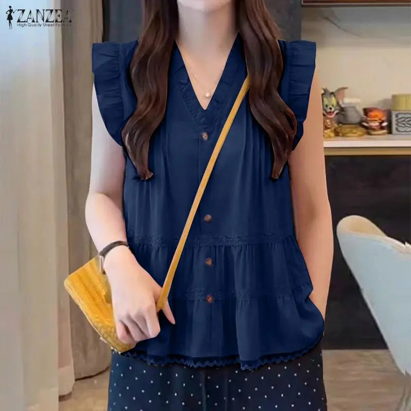 Fashion Sleeveless Summer Tops ZANZEA Women Blouses Lace Patchwork V Neck Tee Party Blusas Streetwear Oversize Solid Color Tunic