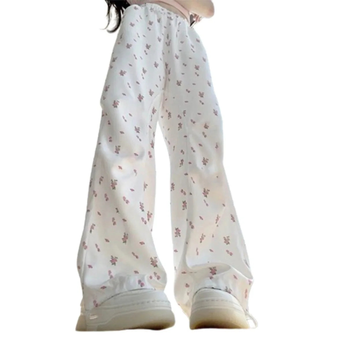 Women Long Pants Spring summer  Women Long Wide leg pants 2025 white flower Casual Female Long  Trousers trend Fashion style