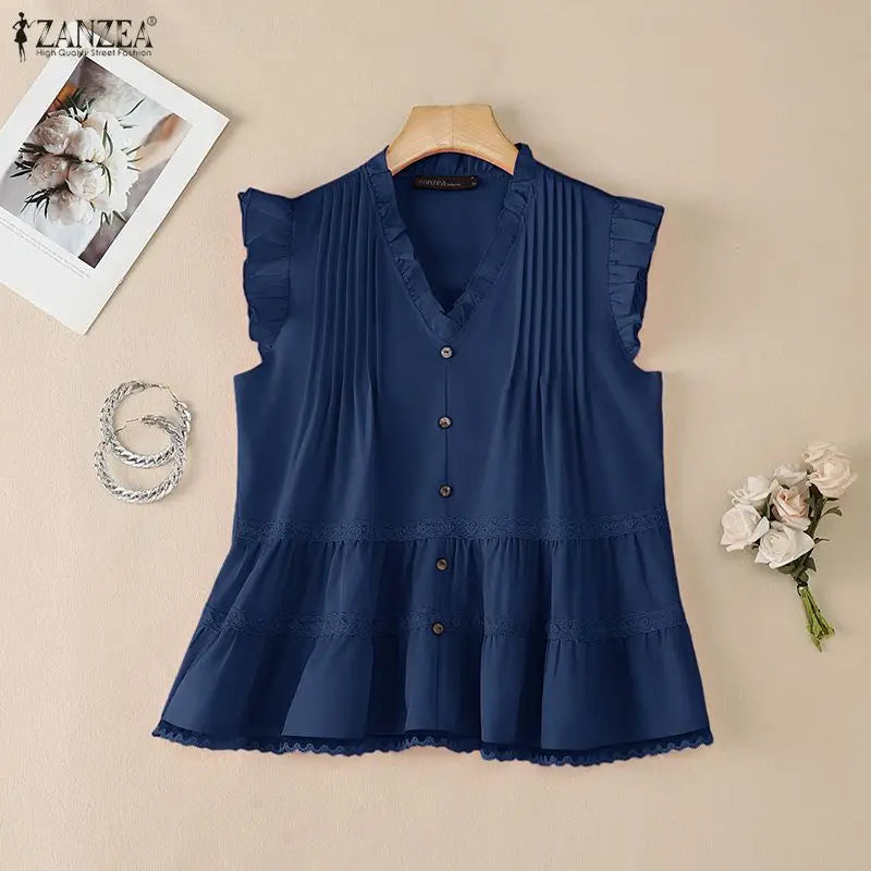 Fashion Sleeveless Summer Tops ZANZEA Women Blouses Lace Patchwork V Neck Tee Party Blusas Streetwear Oversize Solid Color Tunic
