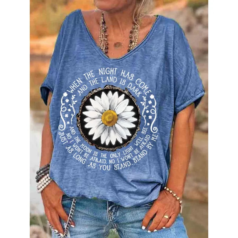 ilstile Women's Hippie Flower Print T-Shirts  Summer Beach Short Sleeve Casual Loose V Neck Tops Black Grey Tees New Arrival